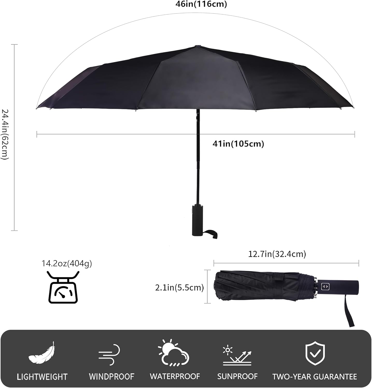 46 Inch Compact Umbrellas for Rain - Travel Small Umbrella - Automatic Folding Umbrella - Windproof Portable Umbrella, Double 10-rib