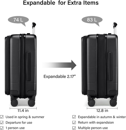 Hanke Hardside Expandable Checked Luggage, 24 Inch Top Opening Trunk Luggages with Spinner Wheels, All-PC Hard Shell Suitcase, Lightweight TSA Checked-Medium(Jet Black, 83L)
