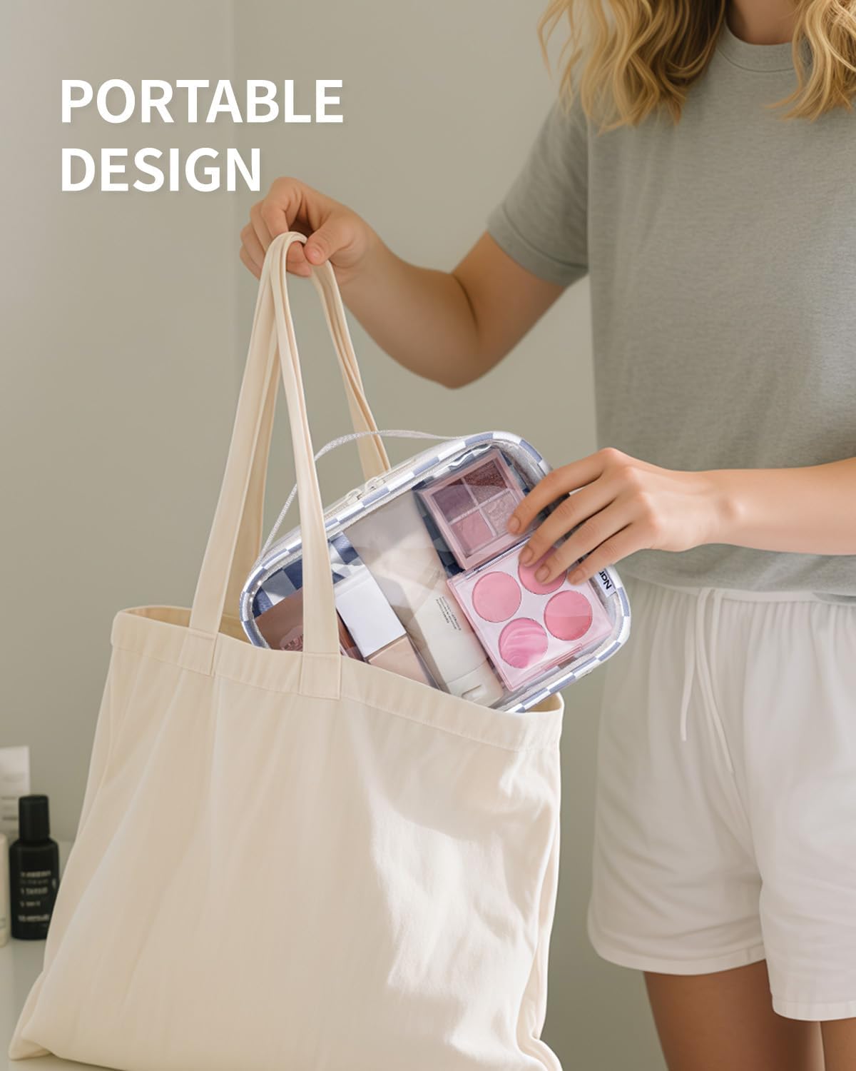 Narwey TSA Approved Clear Toiletry Bag for Travel, Waterproof PVC Clear Makeup Bags Portable Compact Cosmetic Bag Make Up Organizer Airport Airline Quart Size Compliant Bag (Grayish Blue Checkerboard)