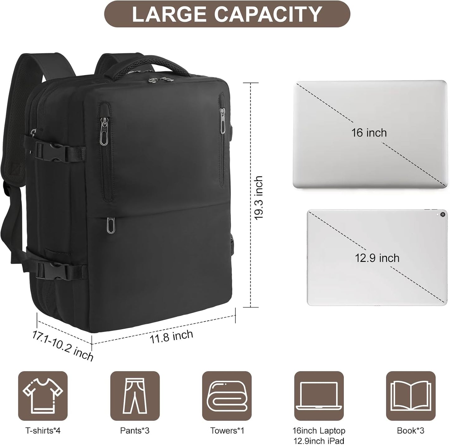 Travel Laptop Backpack with USB Charging Port Business Anti Theft Water Resistant Flight Approved Expandable Backpack (black)