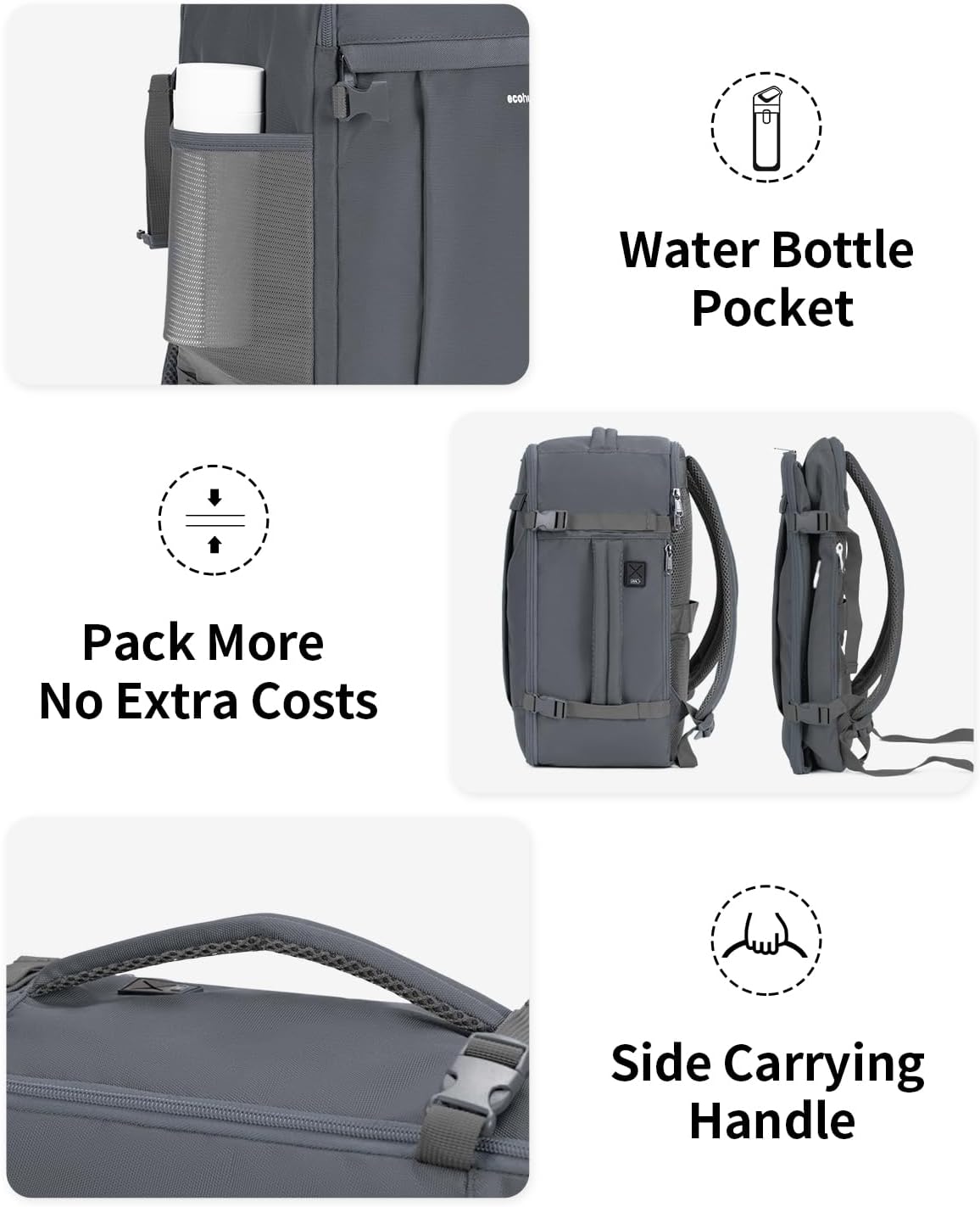 ECOHUB Travel Backpack for Men Women, Carry on Backpack with USB Charging Hole, Spirit Airlines Personal Item Bag Flight Approved, 15.6 Inch Laptop Backpack with Anti Theft Pockets, 30L, Grey