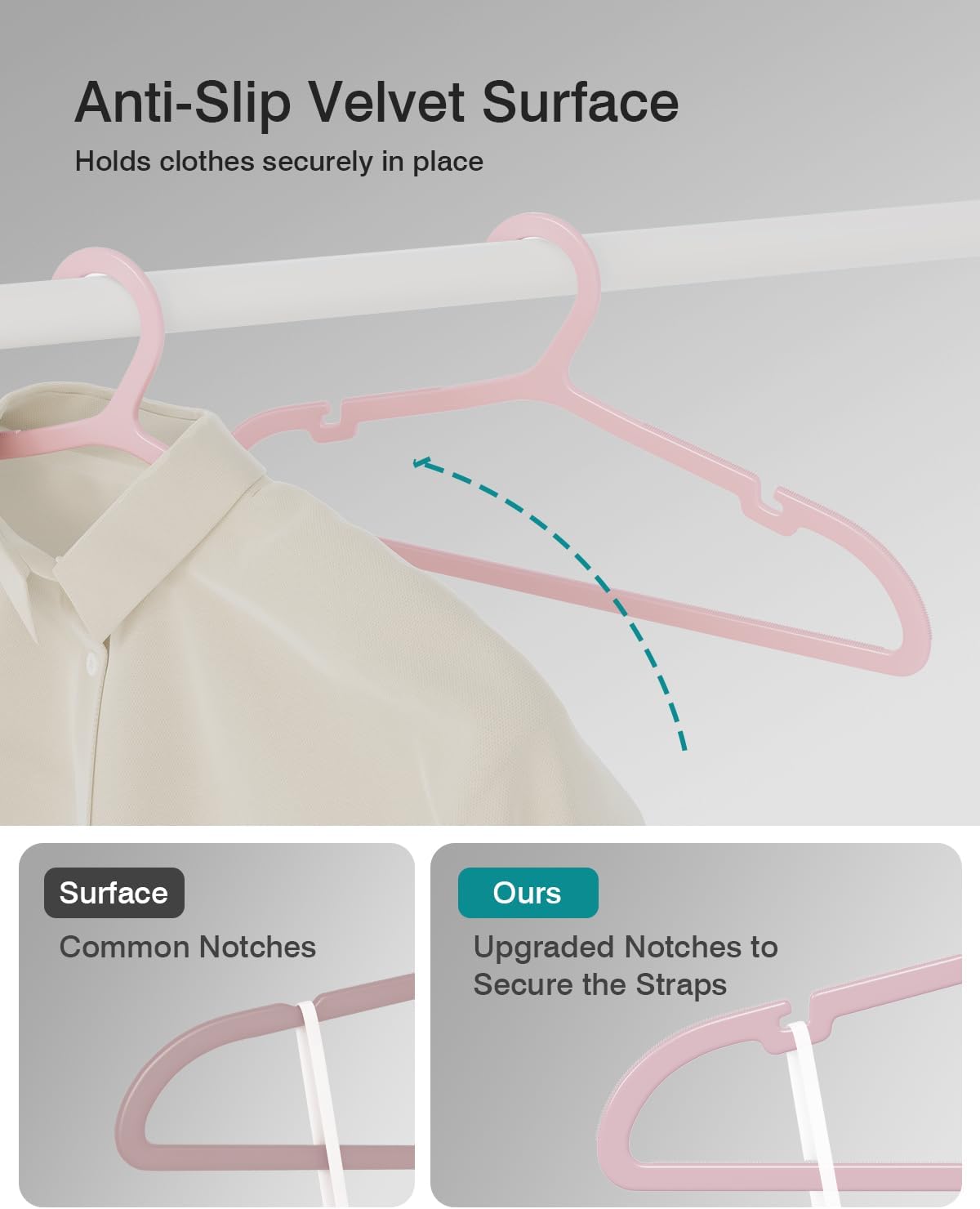 30 Pack Clothes Hangers, Non Slip Plastic Coat Hangers, Space Saving, Heavy Duty, Hanging Dry Wet Clothes, 16.4" x 8.3", Light Pink, UAPY0530P