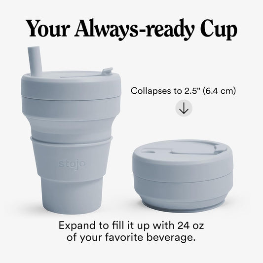 STOJO Titan Collapsible Travel Cup With Straw - Cashmere Gray, 24oz / 710ml - Reusable To-Go Pocket Size Silicone Cup for Hot & Cold Drinks - Camping and Hiking - Microwave & Dishwasher Safe