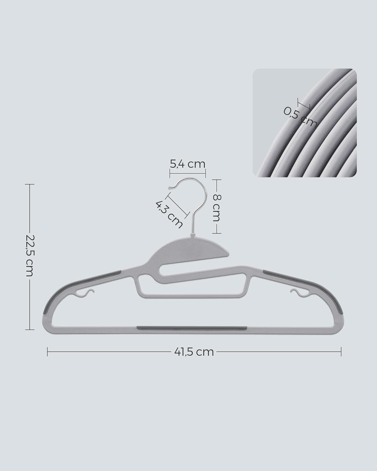 SONGMICS 30 Pack Coat Hangers, Heavy-Duty Plastic Suit Hangers, S-Shaped Opening, Space-Saving, 360º Swivel Hook, 16.3 Inches Wide, Light Gray and Dark Gray UCRP041G05