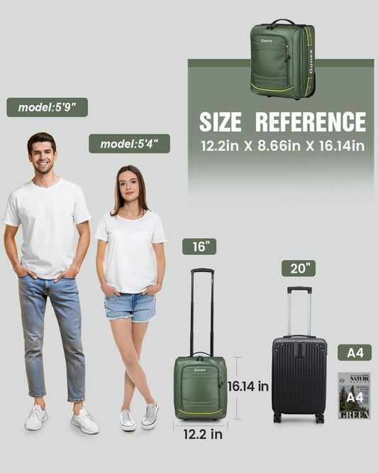 Gonex Waterproof Underseat Carry on Luggage with Wheels, 16 inch PVC Small Wheeled Travel Luggage for Airline, Rolling Overnight Weekender Suitcase for Men Women 30L, Olive Green