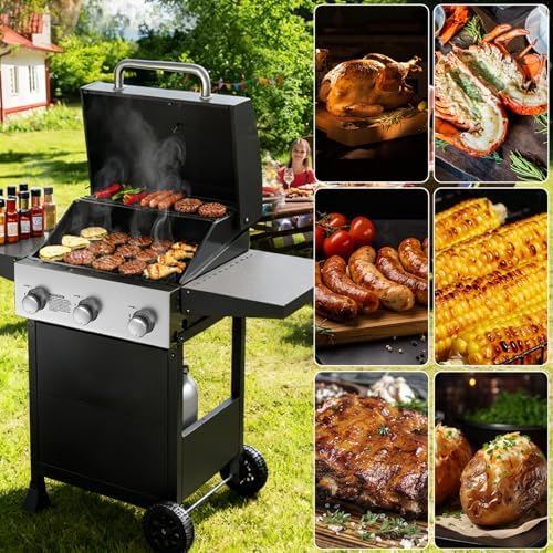 Veralune 3 Burner Gas Grill, Outdoor Propane Grill with Wheels, 445 SQ. IN