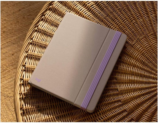 Logitech Casa Pop Up Desk Kit - Adjustable Laptop Stand for Desk, Wireless Keyboard & Touchpad, Bluetooth, USB C Charging, Nordic Calm, Tan/Purpl