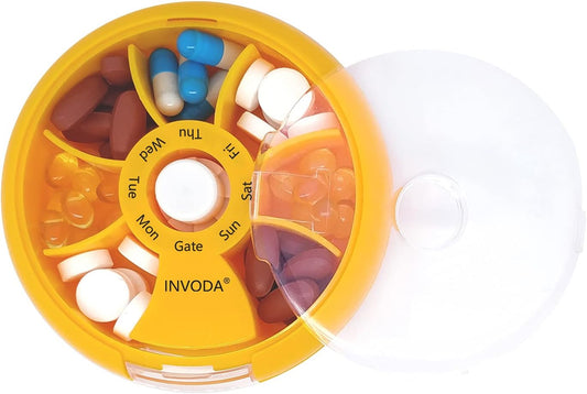 INVODA Weekly Pill Organizer 7 Compartment Rotating Pill Box for Daily Medication & Vitamins - Portable Travel Pill Case Fish Oil Supplements Vitamins Organizer (Green+Orange)