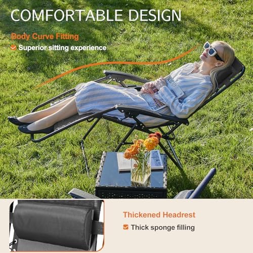 Sweetcrispy Zero Gravity Chairs, Set of 2 Portable Recliner Beach Camping Patio Outdoor Folding Lounge Chair with Cup Holder Trays and Adjustable Pillow for Poolside, Garden, Backyard, Lawn, Black