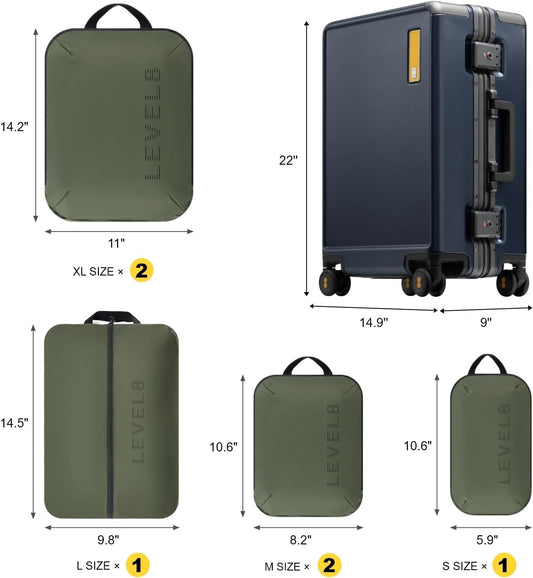 LEVEL8 Carry On Luggage Airline Approved Zipperless with Aluminum Frame, Hard Case Luggage with Spinner Wheels, Metal Travel Suitcase with Packing Organizers, 20 Inch, Blue