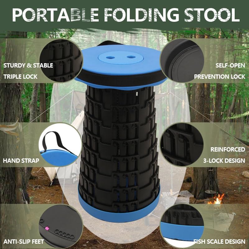 JAEMEYEM Upgraded Foldable Stool, Capacity Portable Retractable Small Folding Stool, Collapsible Telescoping Camping Stool for Adults Outdoor Fishing Hiking Gardening Travel BBQ