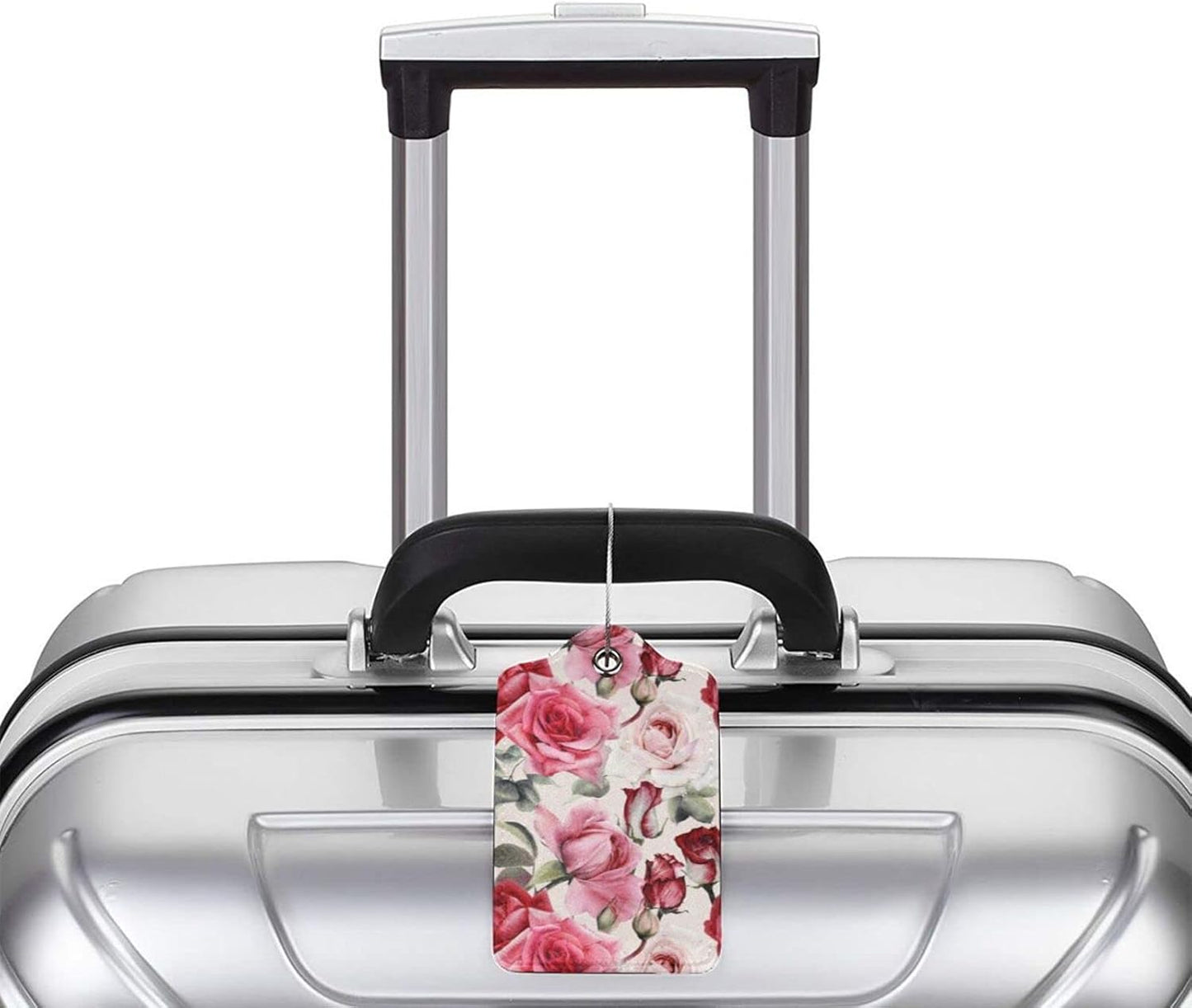 2PC Red Rose Flower Luggage Tag with Privacy Cover Id Card Stainless Steel Loop, Pink Floral Travel Baggage Identifiers Tags Luggage for Women Men Suitcase Name Labl
