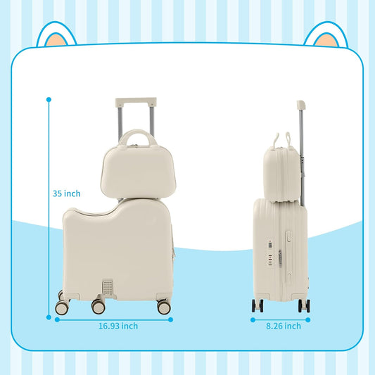 TABU Ride-on Luggage with Handbag for Kids,Hardshell Carry On Suitcase with Hidden Cup Holder, Foldable Pedal,Type-C & USB Interface, TSA Lock, 6-Spinner Wheels, White