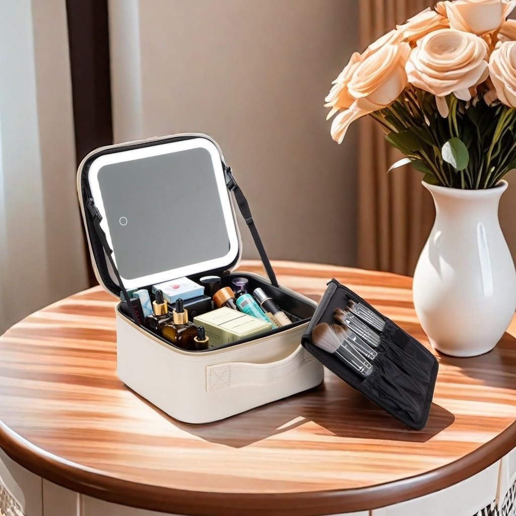 Travel Makeup Bag with LED Mirror – Waterproof Cosmetic Train Case with Adjustable Dividers, Portable Makeup Organizer and Toiletry Bag for Women, Pink Teens & Girls Gift