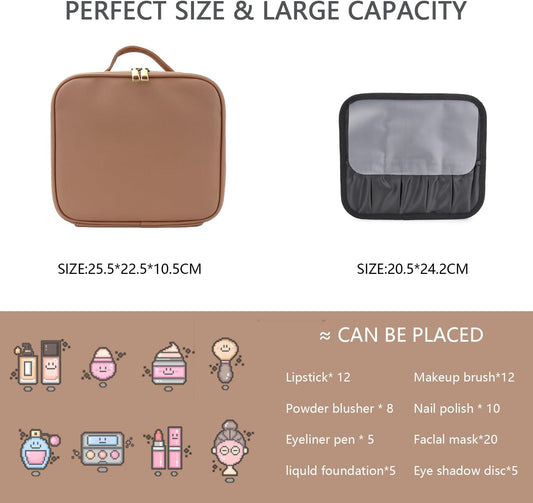 Makeup Bag with Led Mirror,Travel Makeup Organizer with 3 Color Setting, Portable Storage and Adjustable Dividers Travel Makeup Bag(khaki)