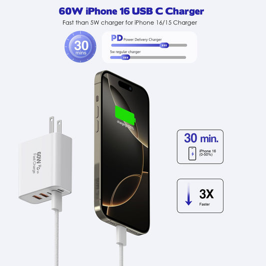 iPhone 17/16 Fast Charger Block,2 Pack 60W USB Charging Block 5-Port Charge Adapter for Apple iPhone Charger with 6FT USB C Woven Fast Charging Cable for iPhone17/16e/16Pro/15ProMax, iPad Pro/Air/Mini