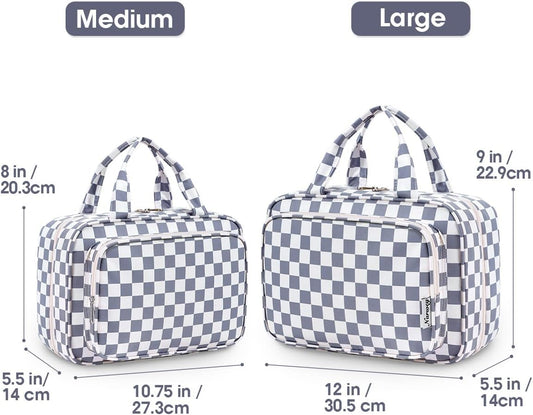 Narwey Travel Toiletry Bag for Women Large Hanging Makeup Bag Organizer Toiletries Bag for Full Size Essentials Accessories Cosmetics (Grayish Blue Checkerboard (Large))