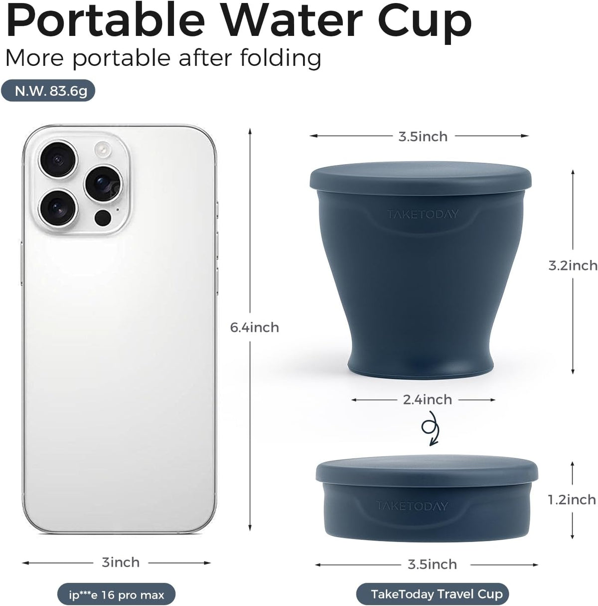 TakeToday 2PCS Collapsible Travel Cup - Silicone Foldable Water Cup, BPA-Free with Lid & Waterproof Bag - Drinking Cup Set for Camping, Outdoors & International Travel(8 Oz, Navy & Blue)