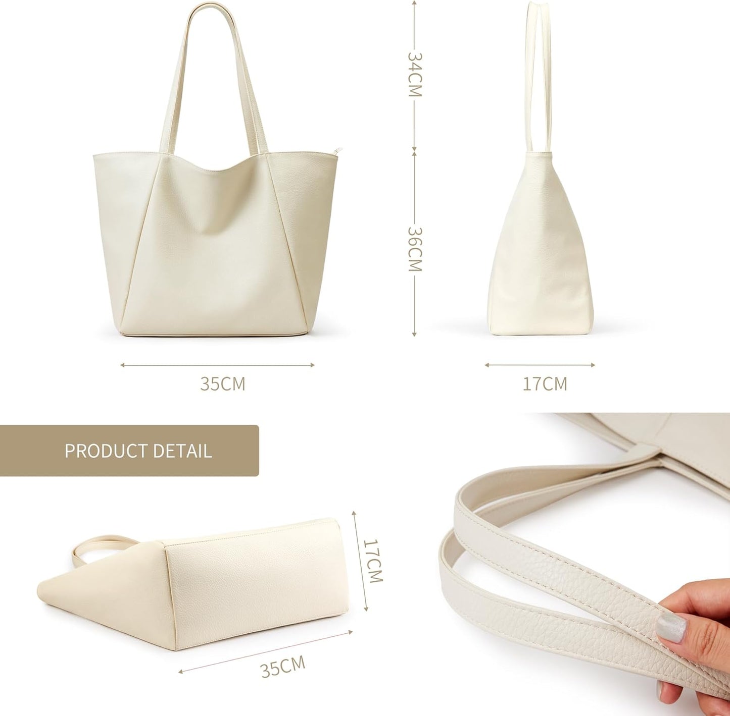 KALIDI Large Tote Bag Vegan Leather Casual Zipper Work Bag Weekender Hobo for Women 23L Oversize Shoulder Travel Purse