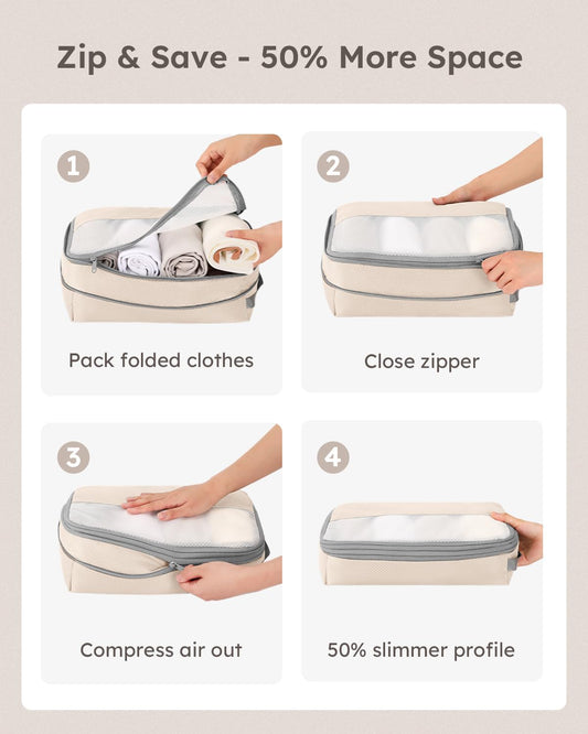 4 Set Compression Packing Cubes for Travel, Bonus Versatile Drawstring Backpack, Lightweight Luggage Organizer Bags, Sturdy Travel Accessories for Suitcase, Beige