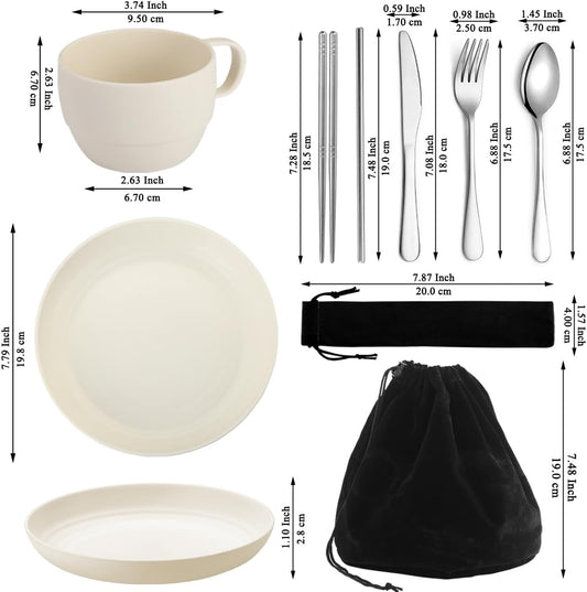 Camping Essentials Set, HOMQUEN Camping Plates and Bowls Set, Coffee Mug, Travel Cutlery Set Include Spoon, Fork, Knife for Work, Outdoor,Picnic, Camp (White)