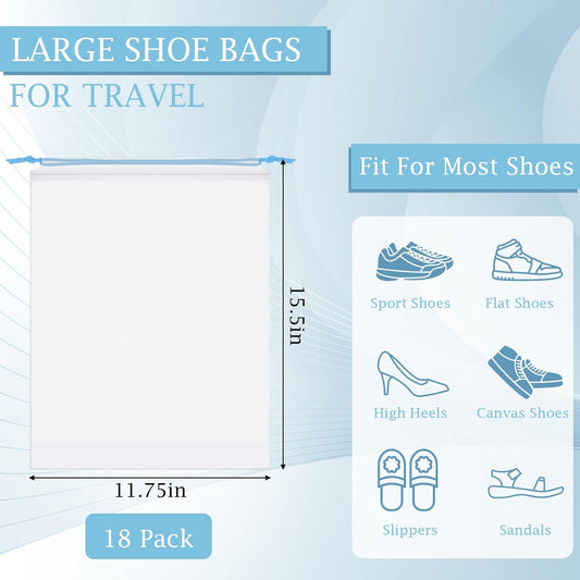 18 Pack Shoe Bags for Travel, 15.7" x 11.8" Clear Travel Shoe Bags for Packing with Colorful Drawstring, Large Waterproof Portable Travel Shoe Storage Bag Travel Essentials Women for and Men