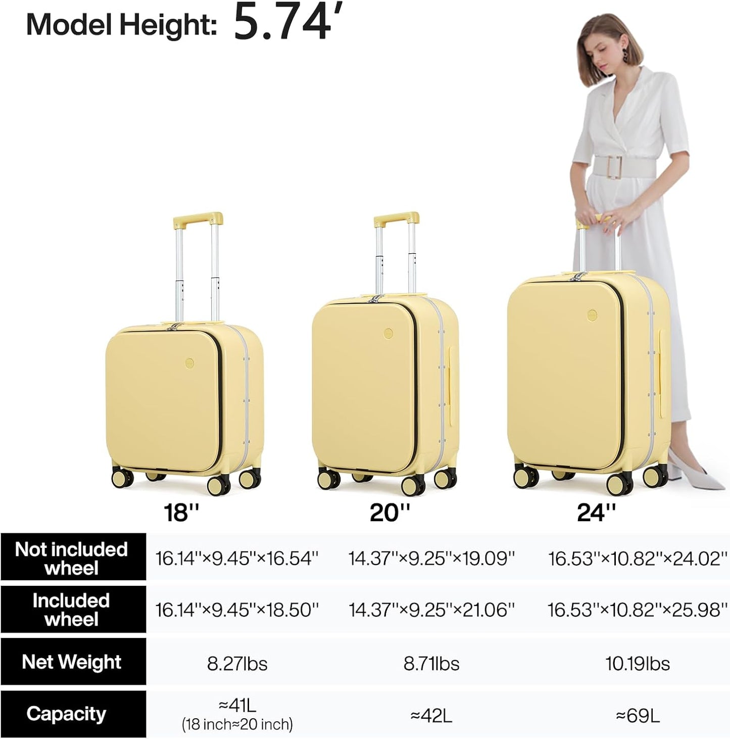 mixi Luggage Suitcase with Spinner Wheels, 24'' Checked Travel Luggage Aluminum Frame PC Hardside with TSA Lock & Cover - Lark Yellow