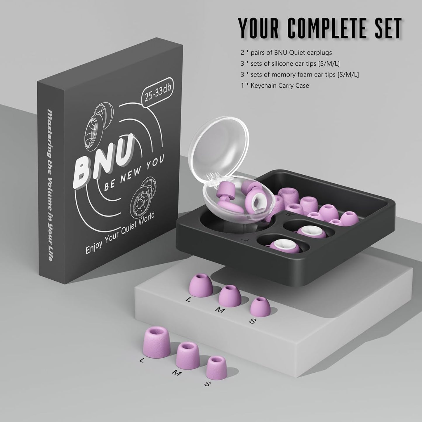 Concert Ear Plugs, 2 Pair BNU High Fidelity Noise Cancelling Earplugs Hearing Protection for Musicians,Festivals,Raves Sleep, 25-33db Noise Reduction 6 Pair Reusable Foam&Silicon Tips in S/M/L Purple