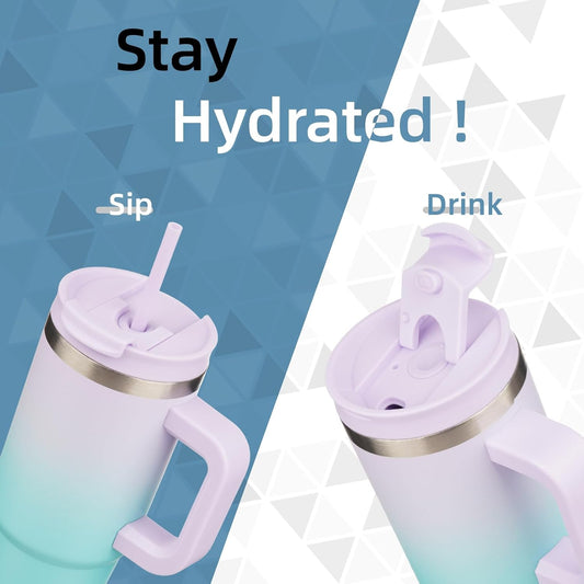 30 oz Tumbler with Handle and 2 Straws,2 in 1 Lid Insulated Water Bottle Stainless Steel Travel Coffee Mug,Lavender Green