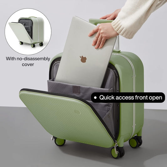 mixi Carry On Luggage, 18'' Suitcases with Spinner Wheels, Rolling Travel Suitcase with Front Laptop Pocket Luggage Aluminum Frame PC Hardside with TSA Lock and Cover, Avocado Green