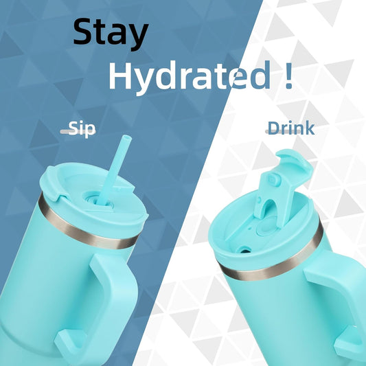 40 oz Tumbler with Handle and 2 Straws,2 in 1 Lid Insulated Water Bottle Stainless Steel Travel Coffee Mug,Turquoise