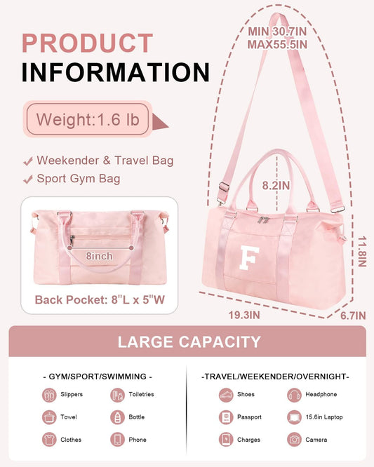 Initial Travel Duffel Bag Sports Gym Bag for Girls Teen Birthday Gifts,Pink Personalized Weekender Bag Carry On Tote Bags for Women Men,Waterproof Overnight Luggage Bag with Trolley Sleeve(Letter F)