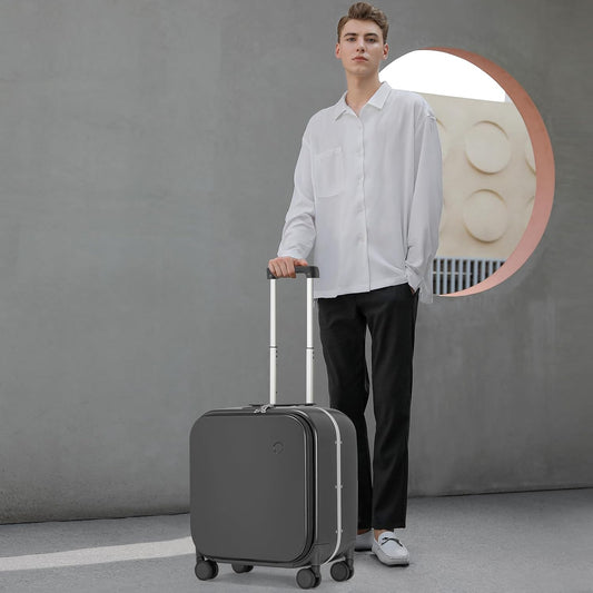 mixi Carry On Luggage, 18” Suitcase with Front Laptop Pocket, Travel Luggage Aluminum Frame PC Hardside with Spinner Wheels & TSA Lock and Cover (Not for Underseat), Rock Gray