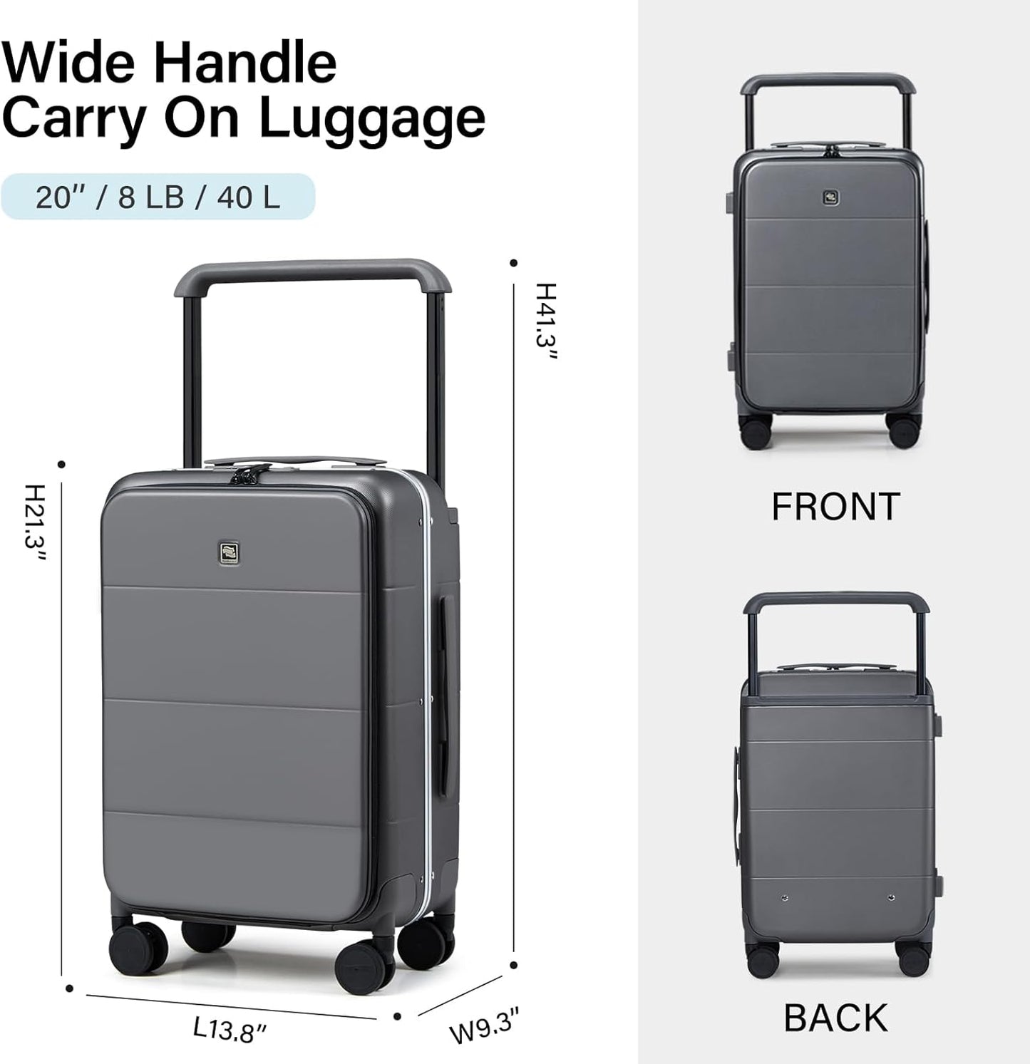 Hanke Top Opening Carry On Luggage, 20 Inch Zipperless Aluminum Frame Wide Handle Luggage, All-PC Hard Shell Trunk Suitcase with Spinner Wheels, TSA Airline Approved (Graphite Grey, 40L)