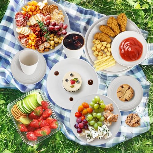 Wrova Wheat straw bowl and plate sets of 40 with cups for kids - Unbreakable plastic dinnerware sets service for 8 - Microwave and Dishwasher safe dish sets for kitchen and camping. White
