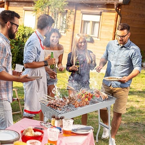 Stainless Steel BBQ Charcoal Grill, 28x 13 x 27" Portable & lFoldable Barbecue Grill, Outdoor Patio Garden Heating Smoker for Cooking Camping Hiking Picnic Garden Beach Party