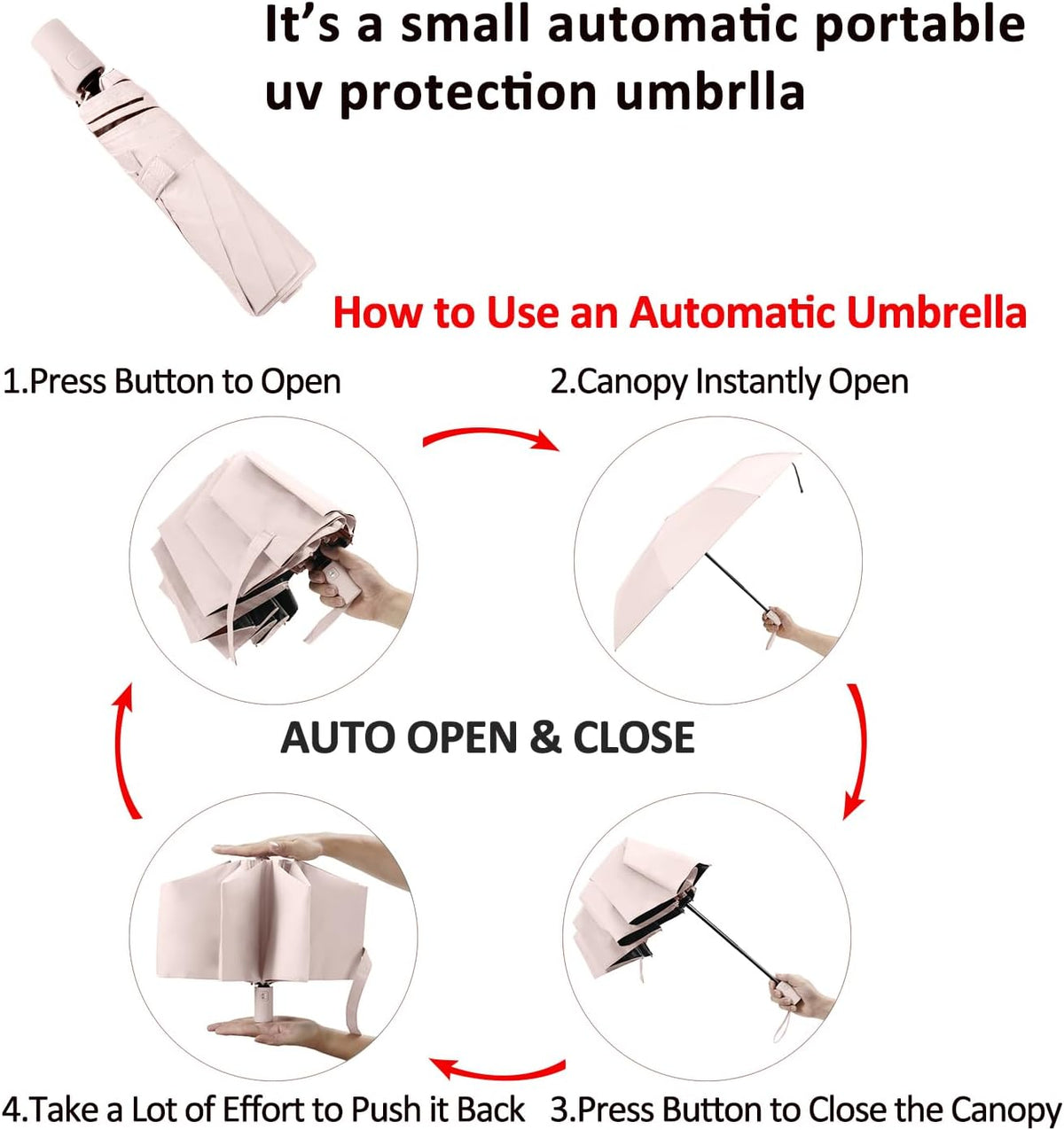 BAODINI Small UV Protection Travel Umbrella Compact for Rain and Sun UPF 50+ 41 inch Portable Umbrella for Women and Men