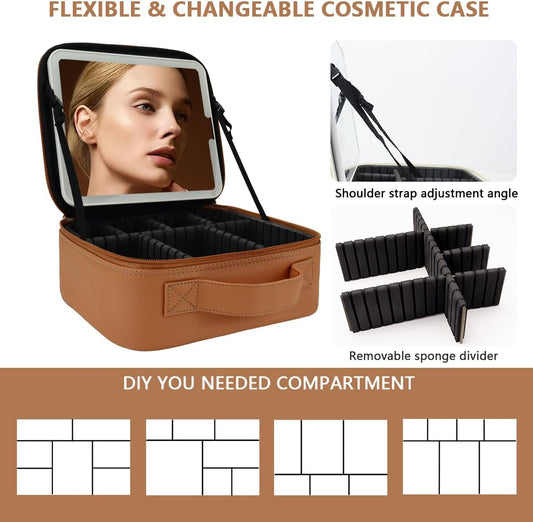 Travel Makeup Bag for Women and Makeup Artists Cosmetic Organizer Large Makeup Case,Travel Makeup Bag with Mirror 3 Color Setting,Portable Storage and Adjustable Dividers(CARAMEL COLOR)