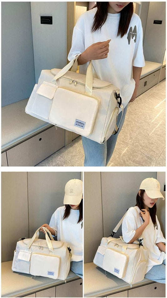 Multipurpose 20L Foldable Duffel Bag Gym Yoga Bag Carry-On Shopping Sack Travel Organizer Cabin Bag Sundry Package Wet&Dry Compartment (Beige)