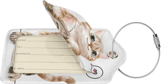 Set of 2 Cute Cats Luggage Tags for Suitcases Bag Tag with Full Back Privacy Suitcase Labels Identifiers, Funny Animals Pattern PU Leather Backpack Name Tags for Women Girls Teen Kids Boys Travel