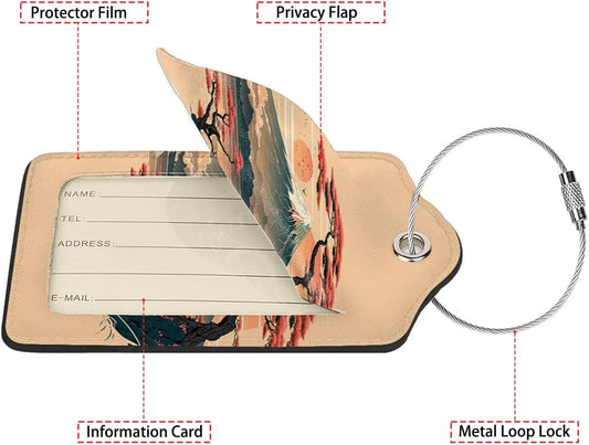 Mount Fuji and Sea 2 Pack Luggage Tag for Suitcase, Leather Bag Tags Identifiers Privacy Cover ID Label with Steel Loop for Women Men Kids Girls Travel