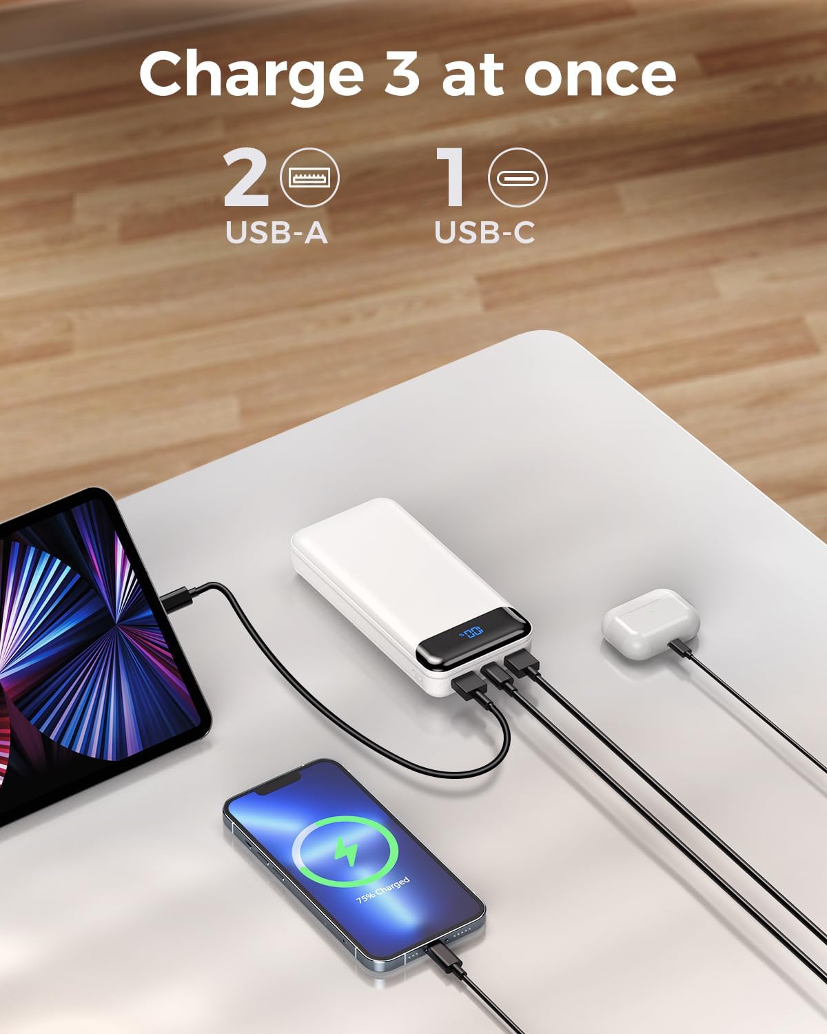 Portable Charger Power Bank 40000mAh Powerbank PD 30W and QC 4.0 Fast Charging External Battery Pack with USB-C LED 3 Outputs & 2 Inputs Portable Charging for iPhone 15 14 13 (White)