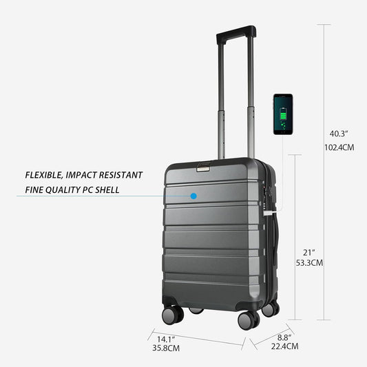 KROSER Hardside Expandable Carry On Luggage with Spinner Wheels & Built-in TSA Lock, Durable Suitcase Rolling Luggage with USB Port, Carry-On 20-Inch Steel Grey