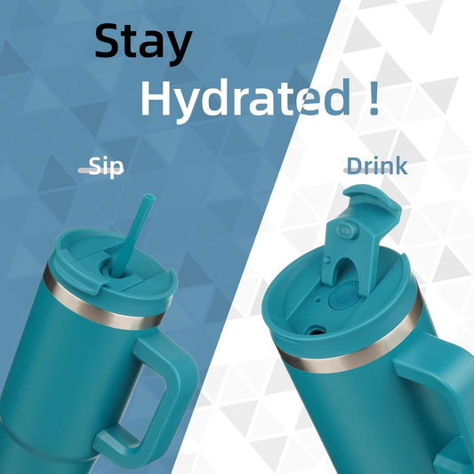 40 oz Tumbler with Handle and 2 Straws,2 in 1 Lid Insulated Water Bottle Stainless Steel Travel Coffee Mug,Blue