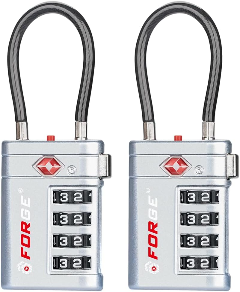 Forge TSA Approved Luggage Locks 4 Digit Combination TSA Travel Locks with TSA008, Open Alert Indicator, Zinc Alloy Body for Luggage, Suitcase, Backpack, and More. Silver 2 Locks.