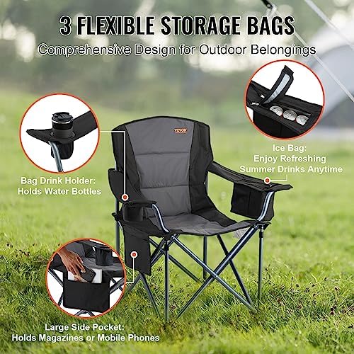 VEVOR Oversized Camping Folding Chair, Portable Heavy Duty Outdoor Quad Lumbar Back Padded with Side Pockets, Cup Holder and Cooler Bag for Beach, Lawn, Picnic, Fishing, Backpacking, Black