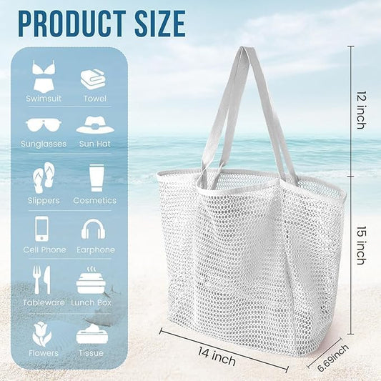 Beach Bags for Women, Foldable Mesh Tote Bag with Mini Pocke, Womens Shoulder Handbag for Travel Beach, White, Large, White