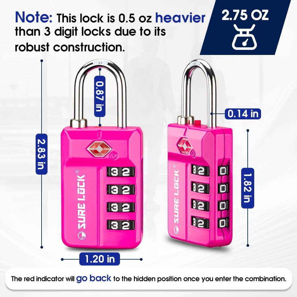 SURE LOCK TSA Approved 4-Digit Resettable Combination Luggage Locks with Open Alert, Easy-Read Dials - for Luggage, School Lockers, Gym, Office, Toolbox & Security Cases (Pink 2 Pack)