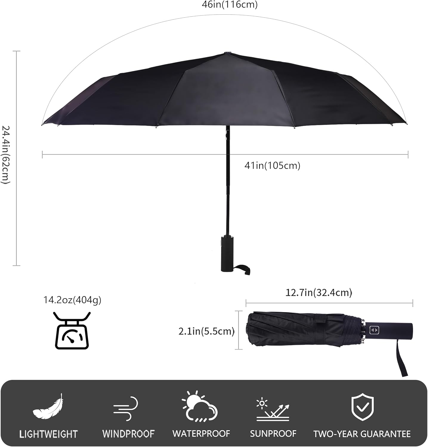 46 Inch Compact Umbrellas for Rain - Travel Small Umbrella - Automatic Folding Umbrella - Windproof Portable Umbrella, Double 10-rib