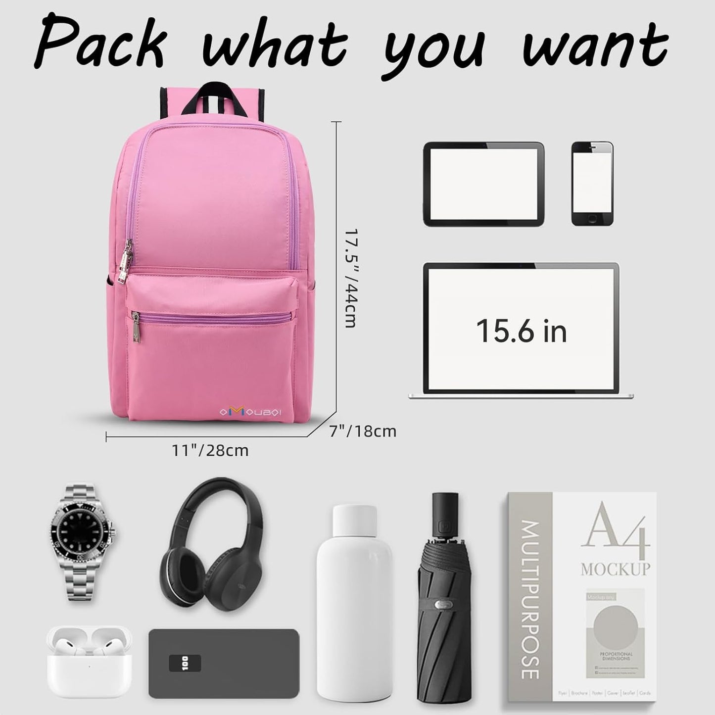 OMOUBOI Casual Daypacks Superbreak Backpack 14 inch Laptop Backpack for Women & Men Fits Tourism Business (Pink)